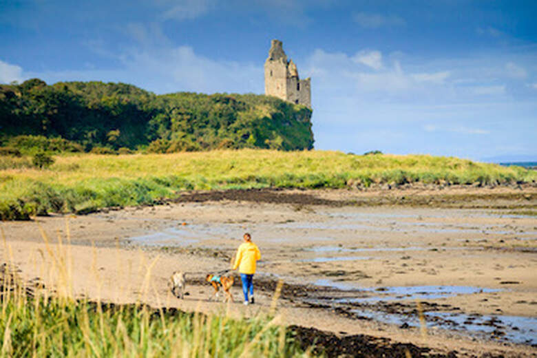 Greenan Castle and dog walker on beach Visit Scotland